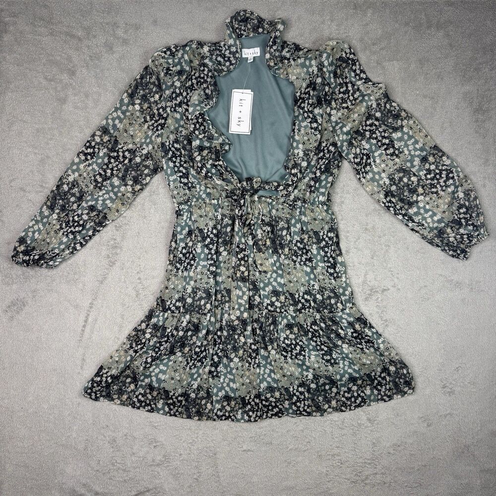 Kit & Sky GREEN/BLACK FLORAL Women's Printed Ruffled Tie-Front Dress, US L